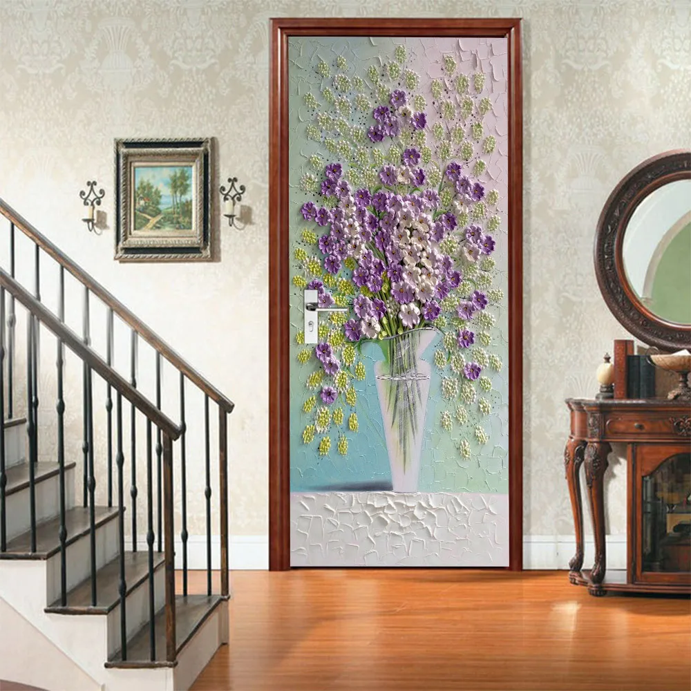 

3D Three-Dimensional Flower Door Stickers Home Decor Modern Living Room Bedroom Door Decoration Sticker Wall Mural Wallpaper