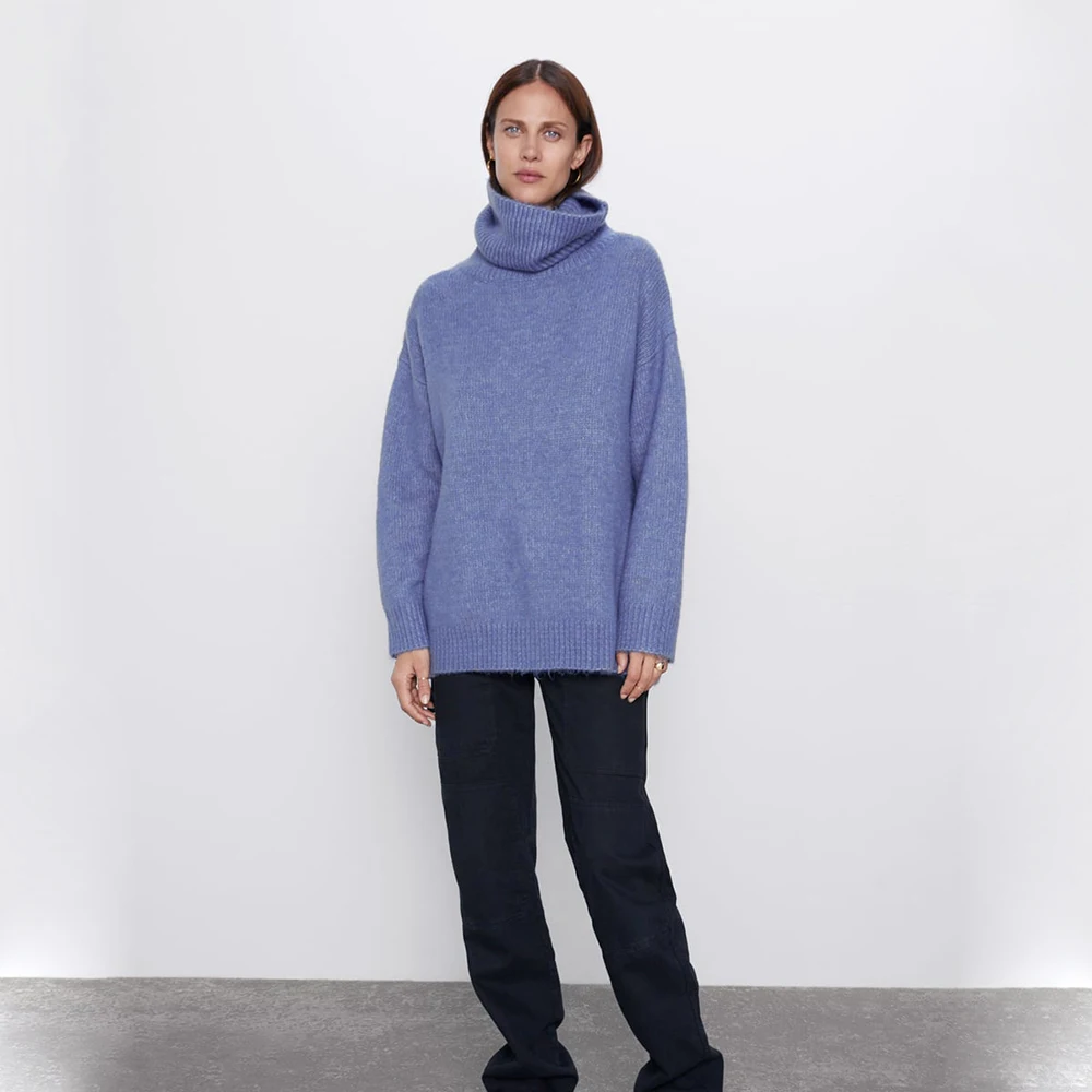 ZA 2019 Women's Sweater Loose High Collar Layered long Sleeve Pullover Blue Pink Gray Wild Outside | Женская одежда