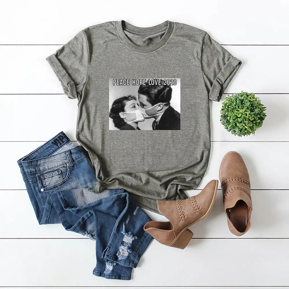 Женская футболка с надписью PEACE HOPE LOVE 2020 забавная принтом в виде маски и поцелуев