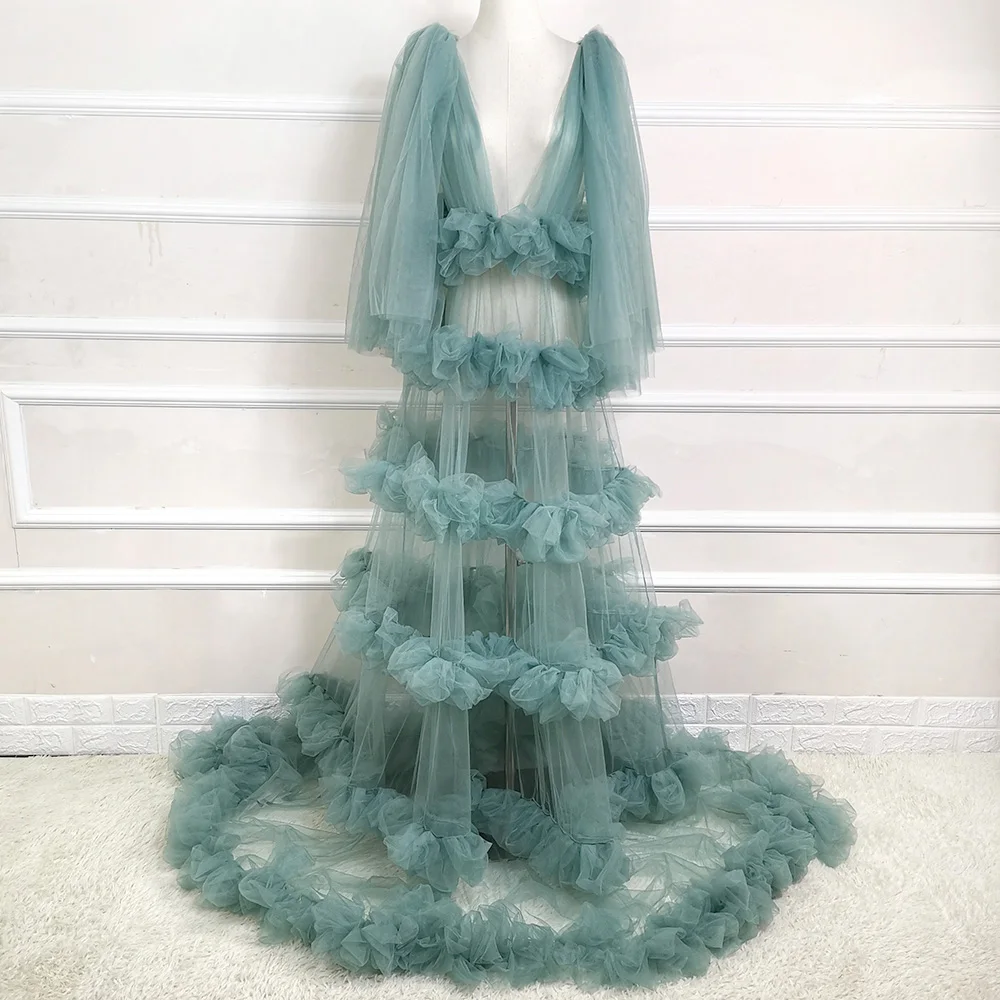 Real Picture Robe Bridal Dressing Gown Transparent Sleeve Maternity Dress Photo Shoot Robes Ruffles Tiered Custom Made | Свадьбы и