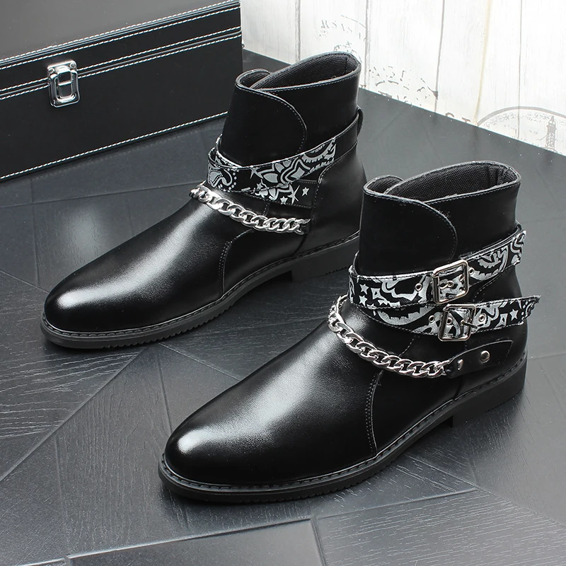 

men fashion party banquet wear genuine leather boots personality black shoes young teenage cowboy boot short botas masculinas