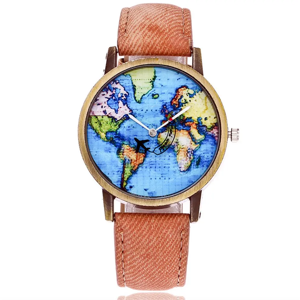 Коровья ткань джинсовый ремешок Синий мир в форме карты стеклянные наручные часы