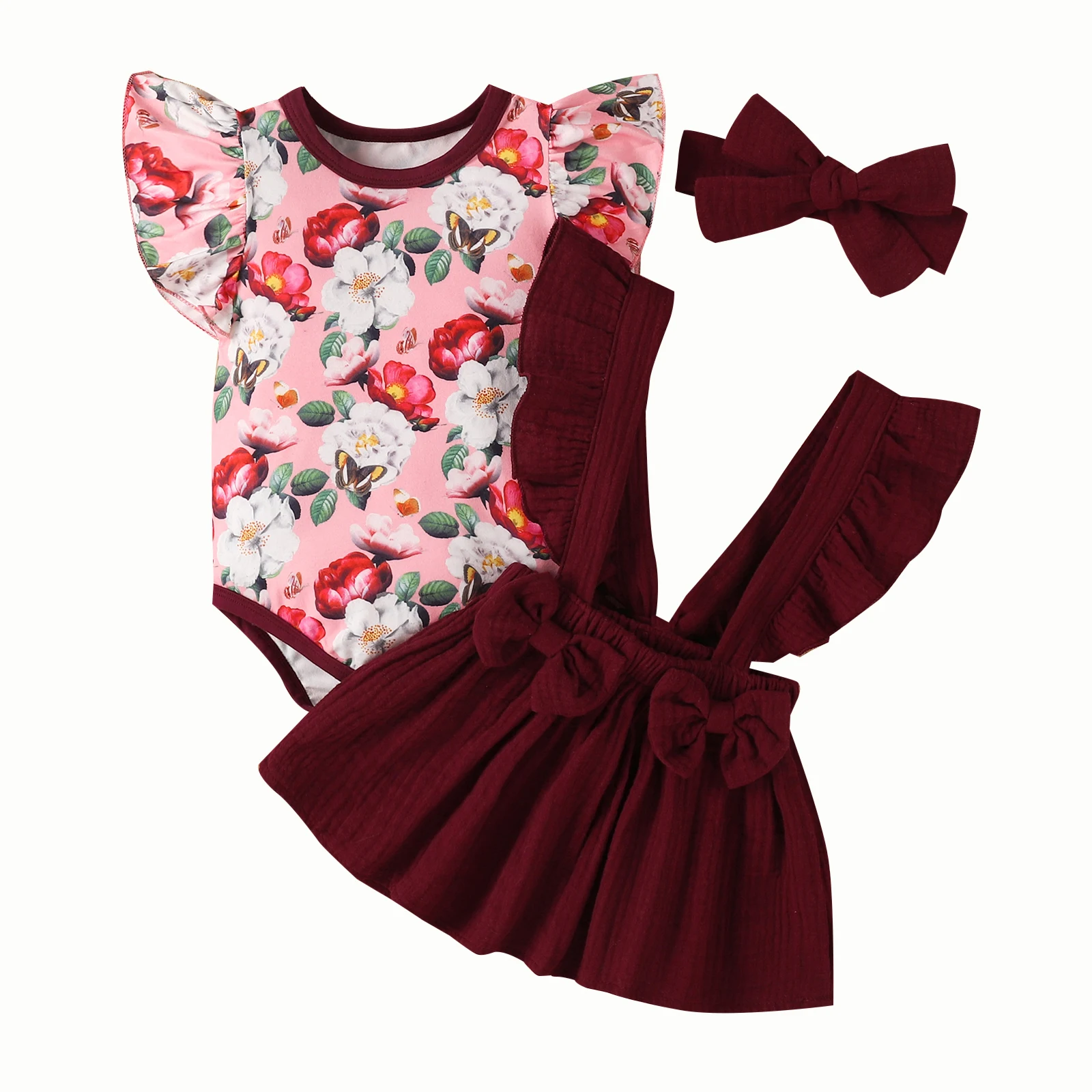 

OPPERIAYA Baby Girls Skirt Three Piece Suit Fashion Flower Fly Sleeve Bodysuit and Solid Color Suspender Skirt with Headband