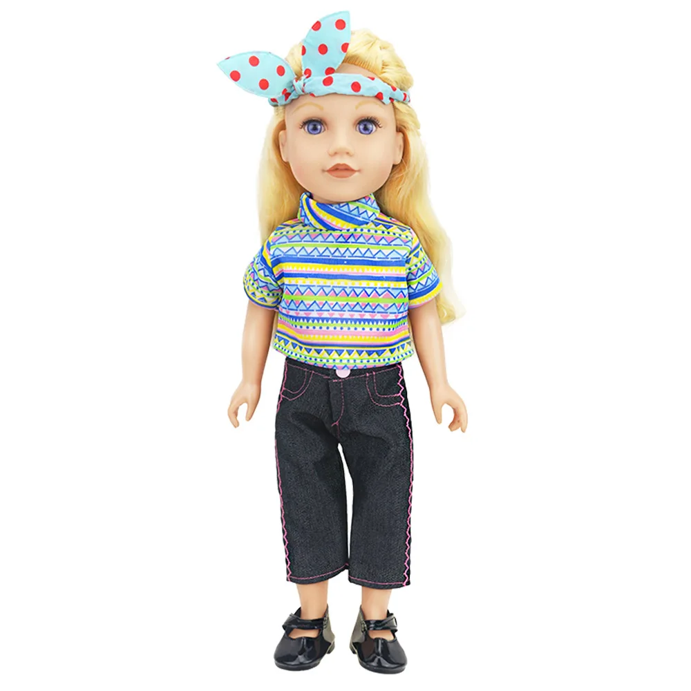 Новый узор модный синий полосатый + черный джинсовый костюм подходит для 18 дюймов