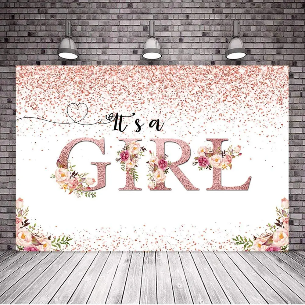 Tel&oacute;n de fondo de ni&ntilde;a, cartel Floral para Baby Shower, Fondo de foto de Flor de Oro rosa, fondos para Baby Shower-0
