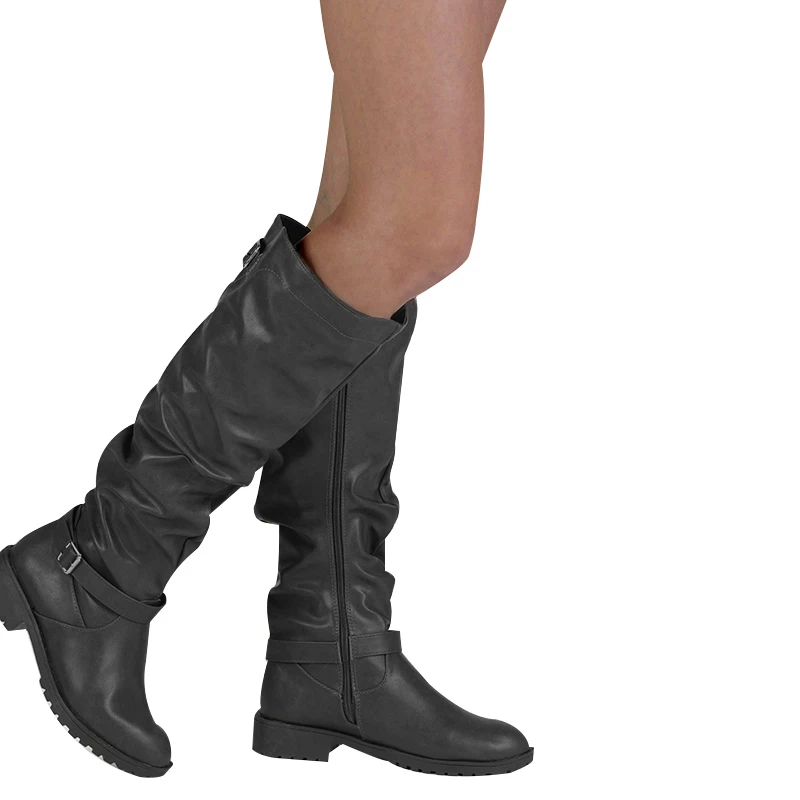 Женские Кожаные ботфорты на молнии готические до середины икры низком каблуке