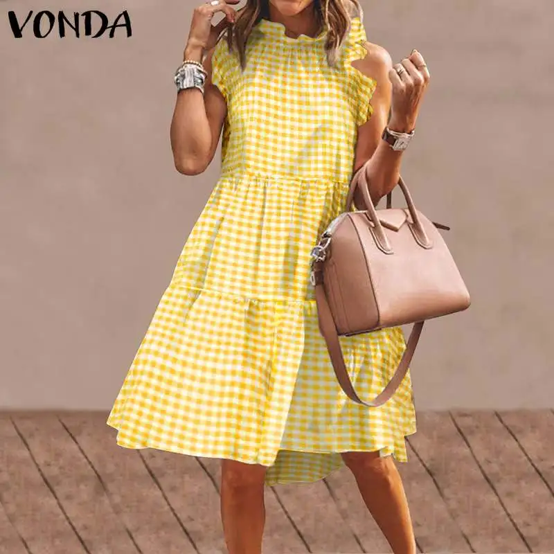 

Checked Plaid Dress Women Sexy Sleeveless Holiday Beach Sundress VOPND 2021 Vintage Party Bohemian Sundress Robe Femme