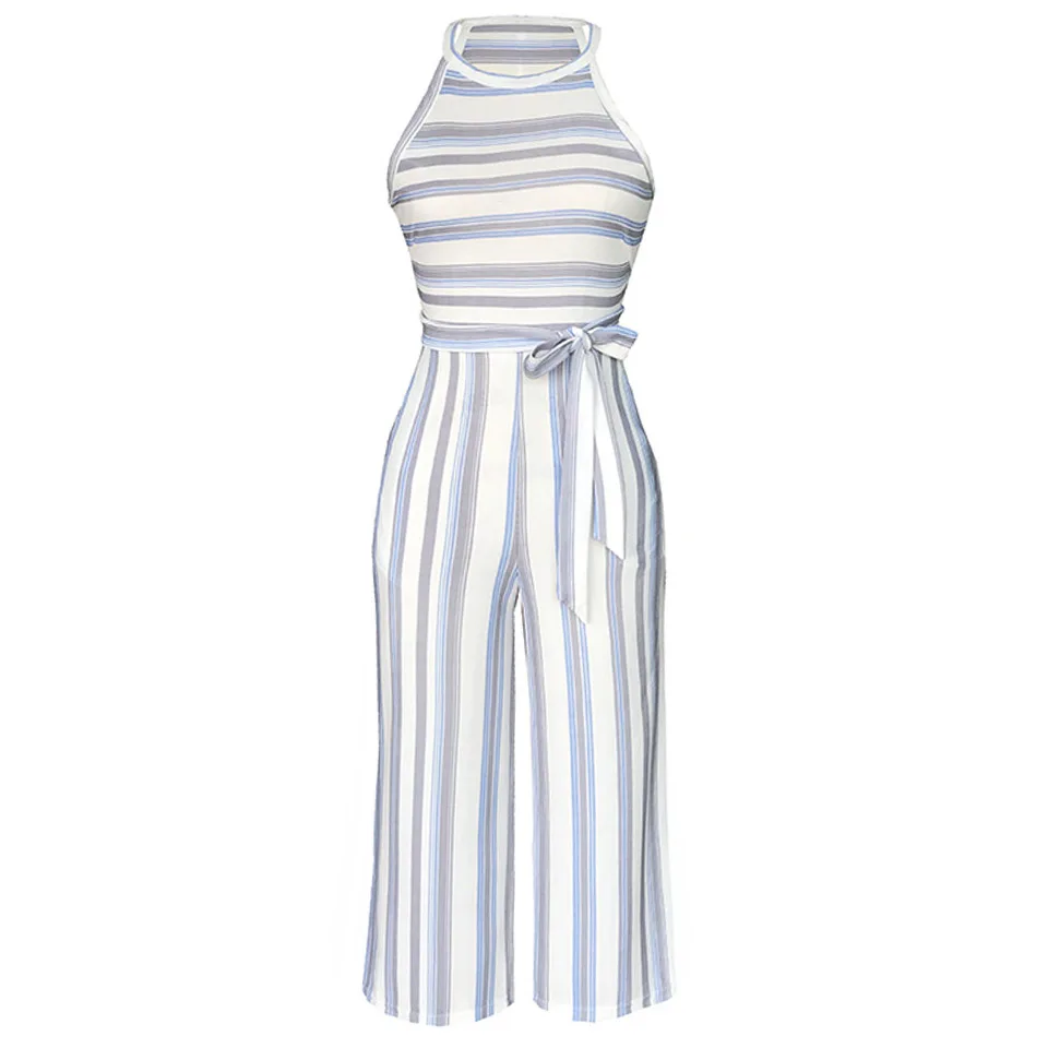 

Tank Top Jumpsuit Wide Leg Elegant Long Stripe Jumpsuit Women Bandage Elastic Waist Gathered Jumpsuit For Party Night Round Neck