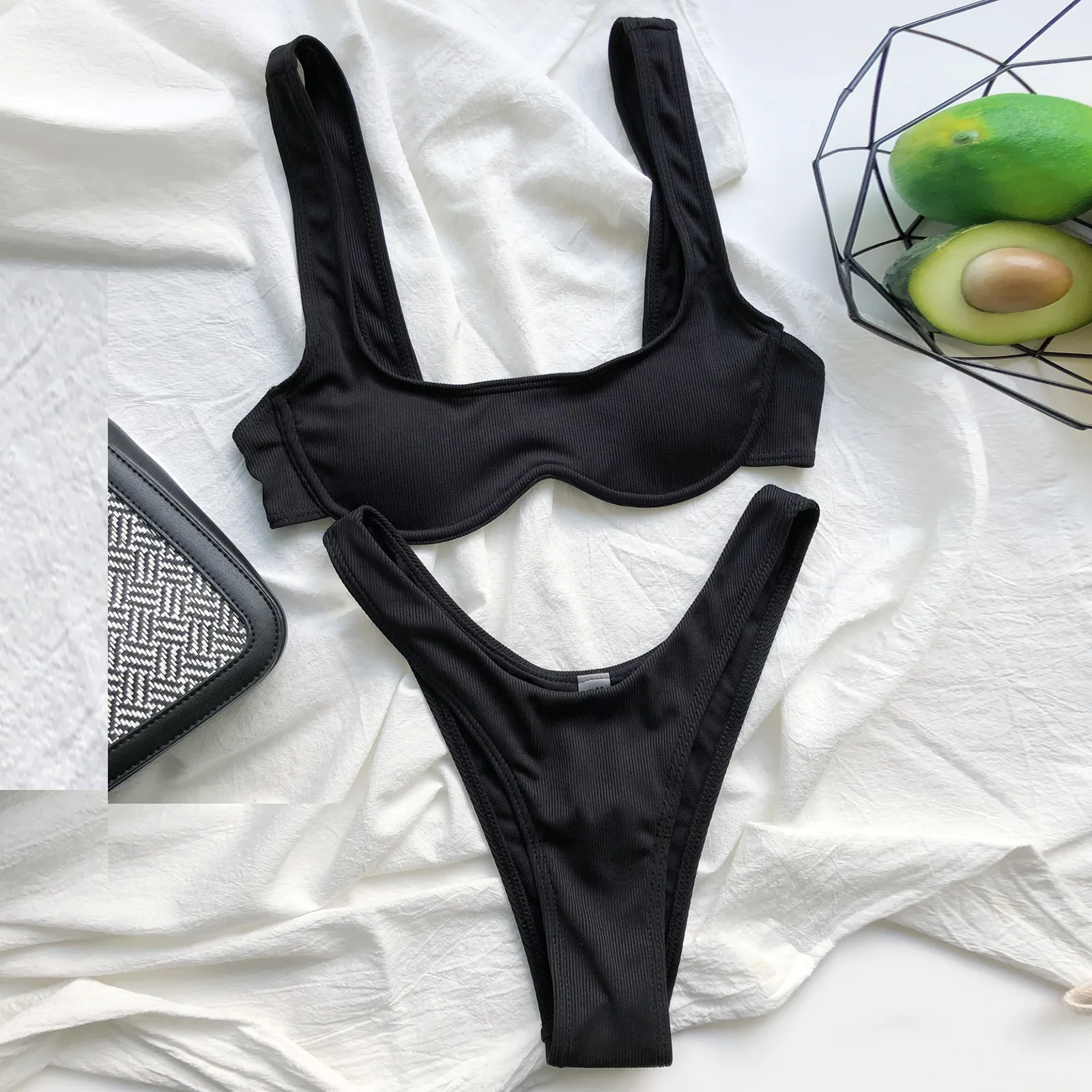 

Women's Summer Brazilian Bikini Two Piece Filled Bra Swimwear Bikini Solid Set Swimsuit Beachwear Swimming Bathing Suit 2021