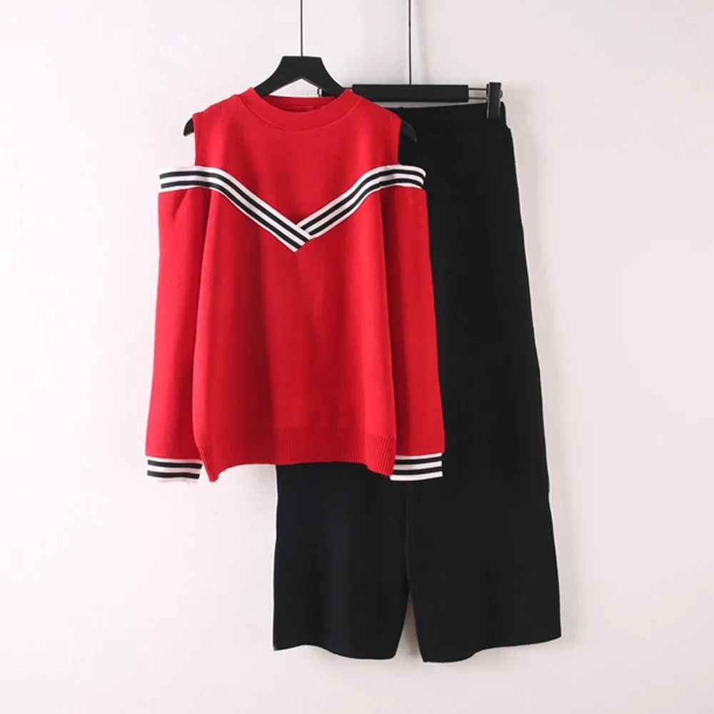 Зимний комплект из двух предметов свитер с открытыми плечами женский свободный