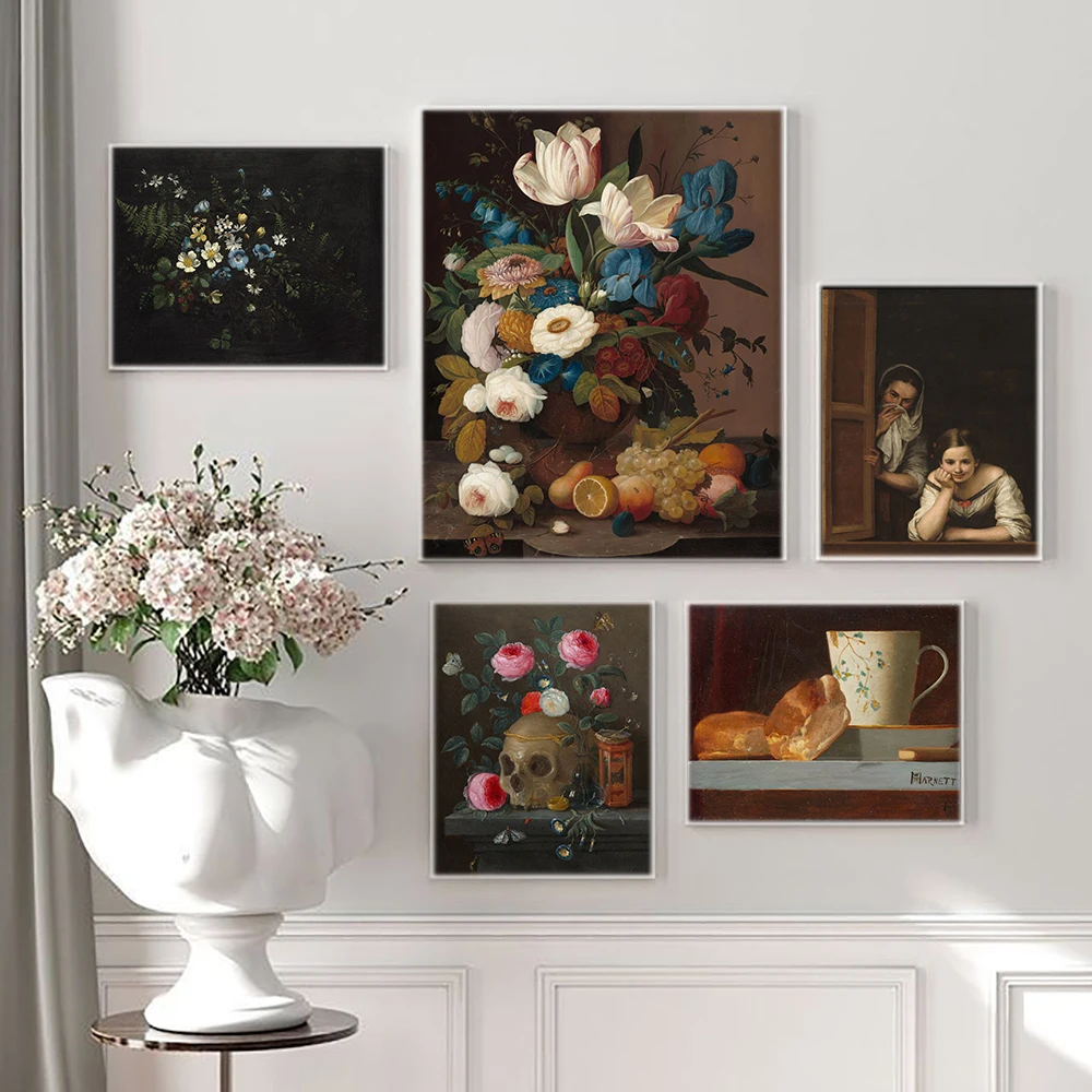 

Still Life Vintage Poster Flowers Woman Food Canvas Painting Romantic Art Print Wall Picture Restaurant Living Room Home Decor
