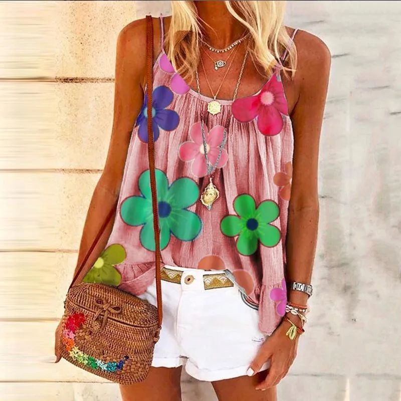 

Women's Tops 2021 Summer New Flower Printed Loose Sling Vest Pullover Office Ladies Fashion Casual Sexy Home Clothes Female