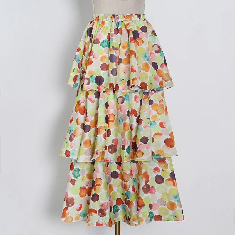 

TWOTWINSTYLE Print Two Piece Set For Women V Neck Short Sleeve Lace Up Bowknot Tops High Waist Midi Skirt Casual Sets Female New