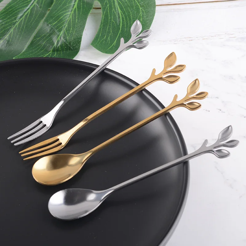 Golden Silver Leaf Spoon Stainless Steel Coffee Spoon Coffee Mixing Spoon Northern Europe Custom Gift Creative Branch Spoon