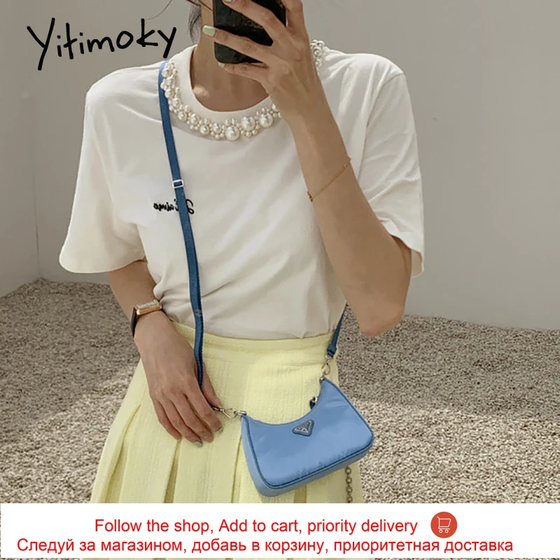 

Yitimoky Casual Woman Tshirts O-Neck Beading Fashion New Letter Embroidery Loose Short Sleeve Pullover Simple Tops 2021 Summer