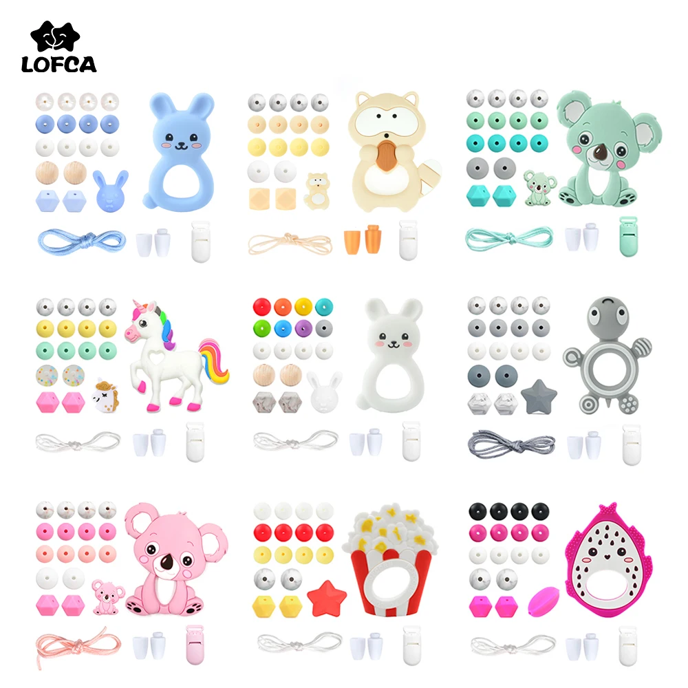 

LOFCA Baby Silicone Teether DIY Baby Teething Necklace Food Grade Cartoon Raccoon Panda Pacifier chain Clip Beads Toy Sets