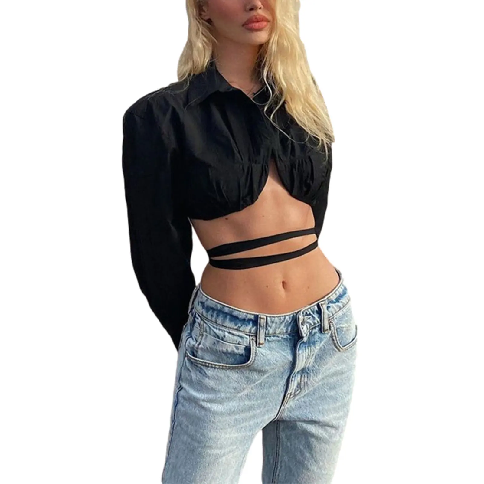 

Женские летние укороченные топы, Однотонная рубашка на бретелях с воротником-стойкой и длинным рукавом, уличная одежда для девочек