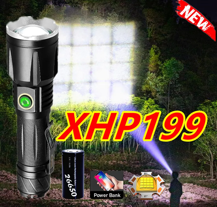 

Новинка яркий светодиодный фонарик XHP199 Высокой Мощности Перезаряжаемый от USB фонарь IPX6 тактисветильник фонарь мощный ручной фонарь для кем...