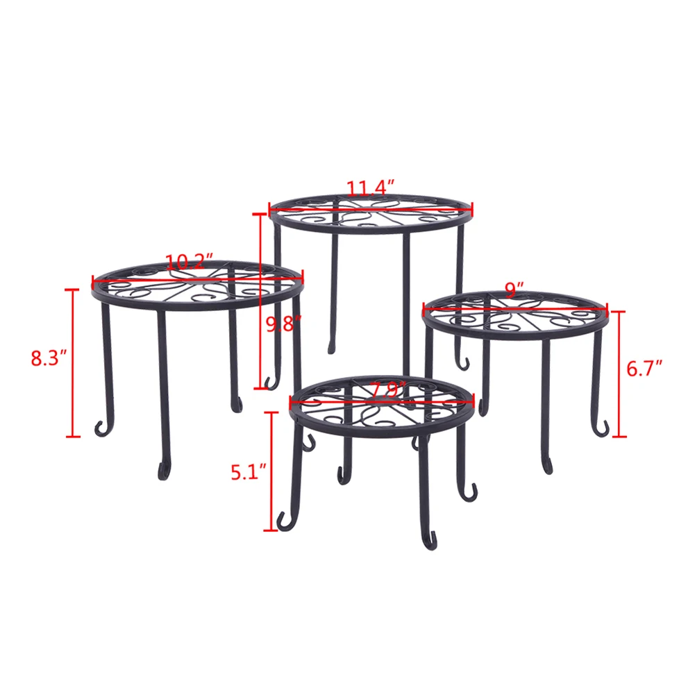 

4 Plant Shelves With 4-1 Round Pattern In Black Baking Paint Metal Plant Flower Display Rack For Garden Home Indoor Decoration