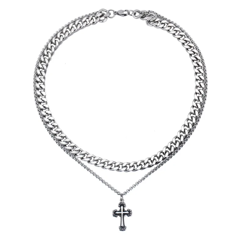 

OL style titanium steel retro punk men's cross double layer stainless steel necklace