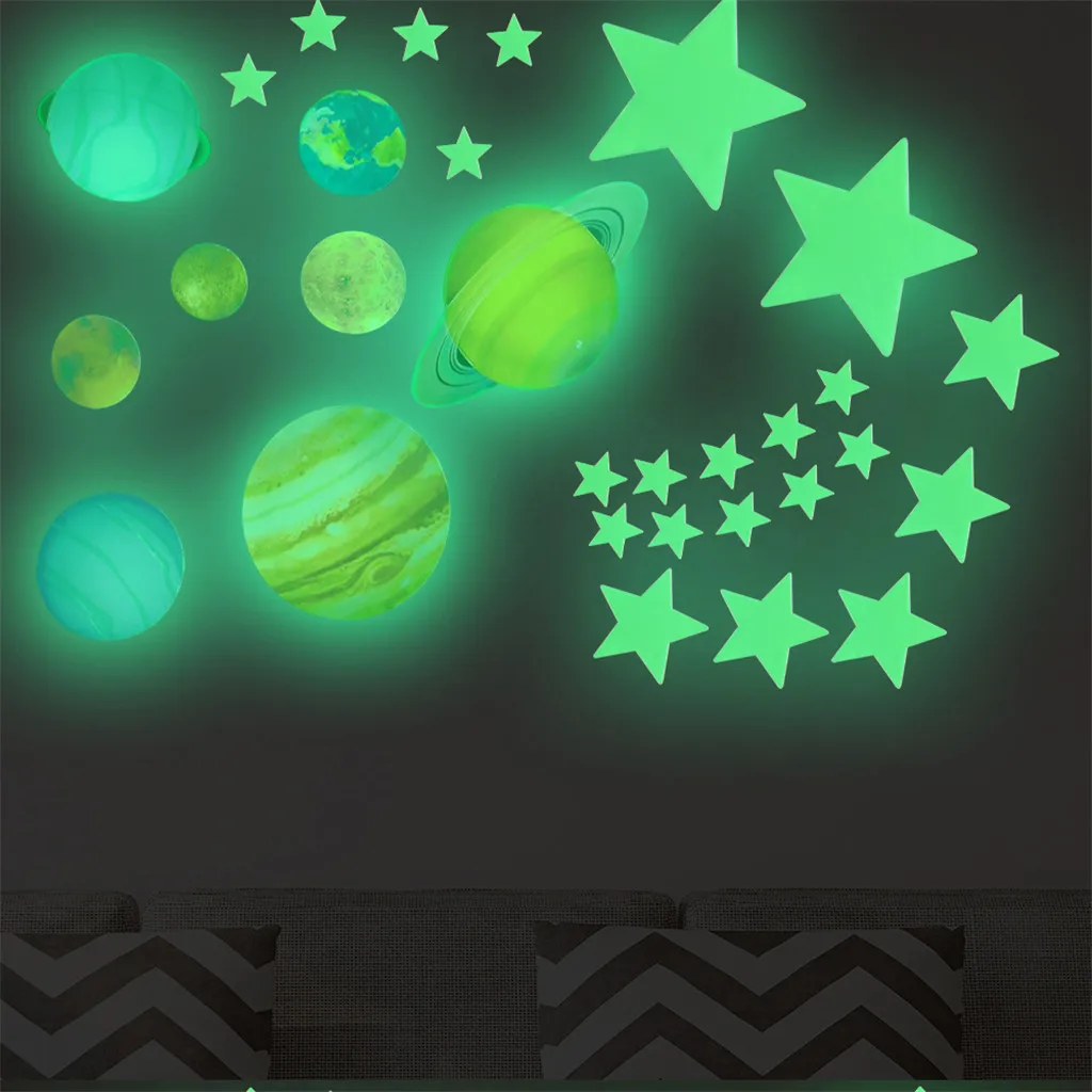 

2021 Decoration Vintage Luminous Planets Pvc Wall Stickers Glow In Dark Planets Bedroom Wall Decal