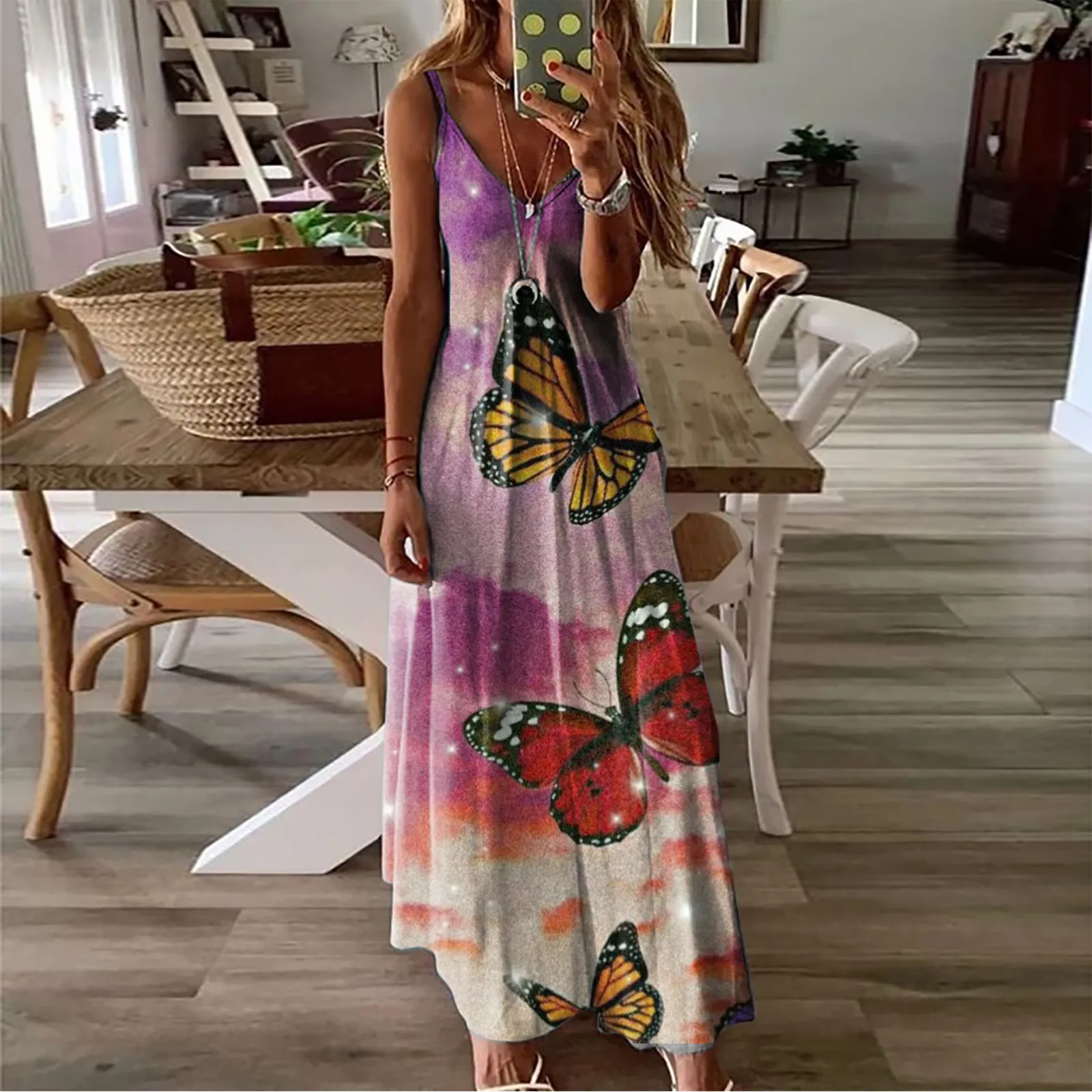 

Women's Fashion Casual Sleeveless Camisole V-neck Print Maxi Tank Long Dress Summer Dress Women Plus Size Maxi Dresses Sukienki