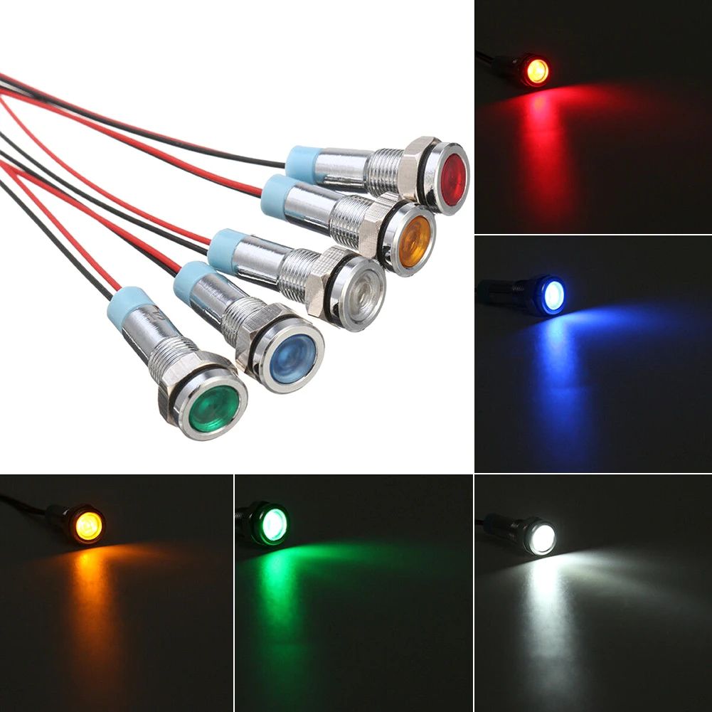 

5x Car Boat 12V 6mm Mini Metal LED Panel Dash Signal Indicator Warn Light Cable Chrome Finish Car Boat Marine Lamp