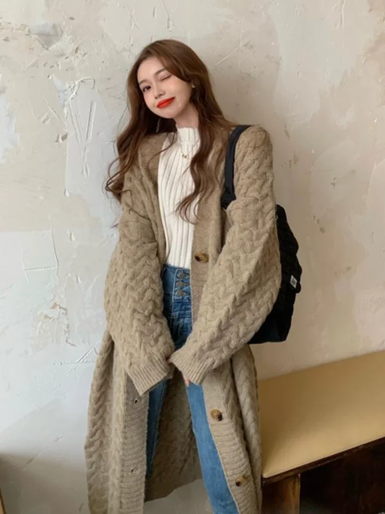 

Sweater women Mid-length Sweater coat Female autumn and winter new Loose Over the knee sweater Korean Lazy Wind