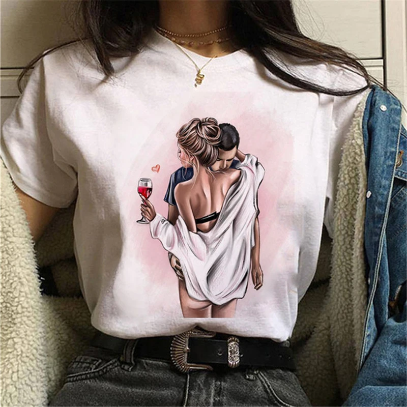 

Ladie's Short Sleeve T-shirt Lover Printed Fashion Tshirt Couple T-shirt Girls O-neck Harajuku Casual Tops Tee New White T-shirt