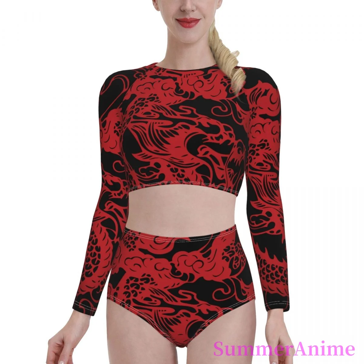 

Bikinis Dragon Tattoo sexy 2021 Women Long Sleeve Swimsuit high Waist dress sets Chinese Art bathing suit SwimSuit