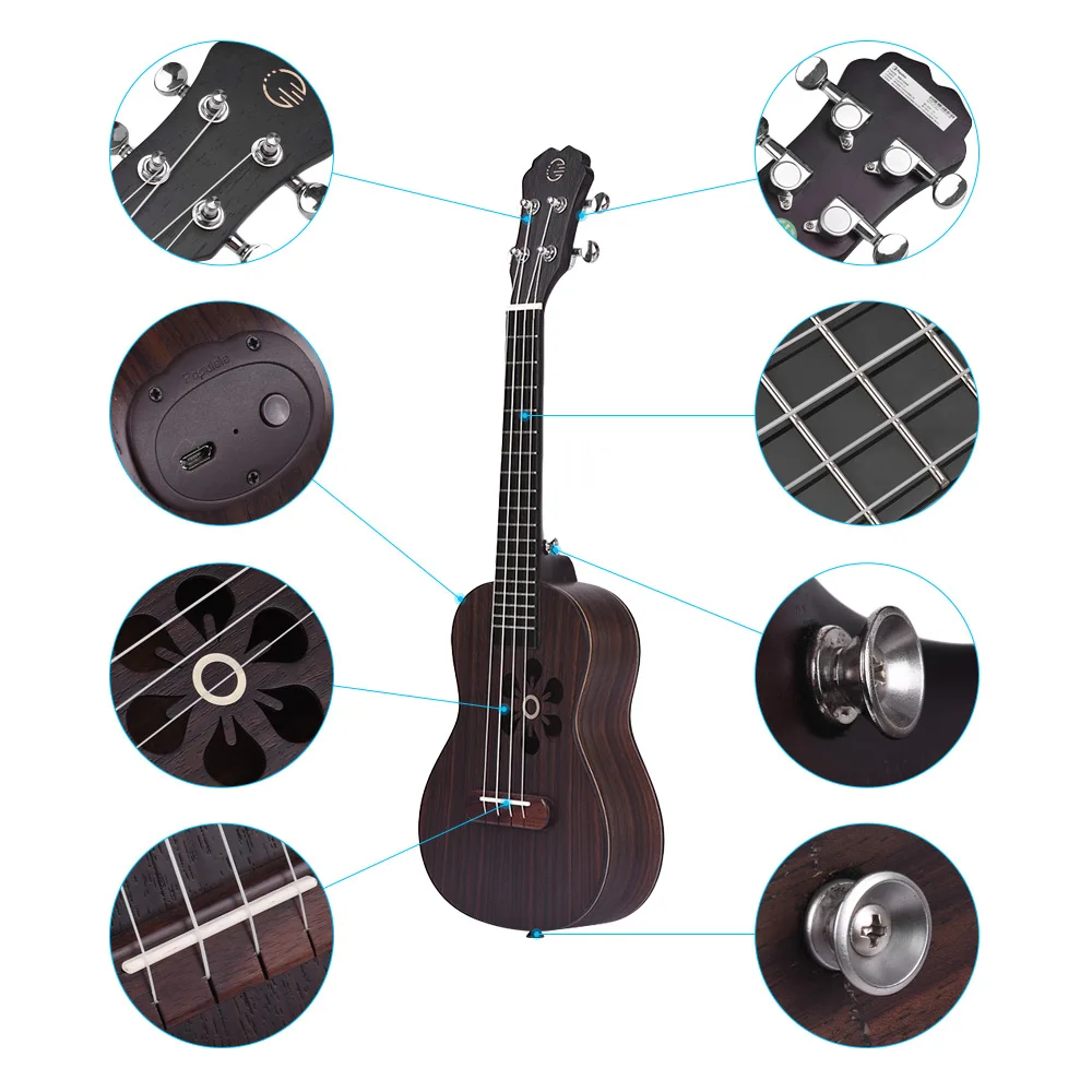 23 &quotУмная концертная Гавайская гитара Ukelele uke Rosewood поддерживает приложение