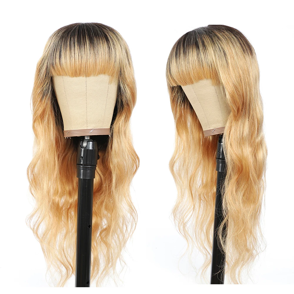 

Ombre Blonde Body Wave Human Hair Wigs With Bangs Brazilian 9A Remy 100% Human Hair Full Machine Made None Lace Wigs EUPHORIA