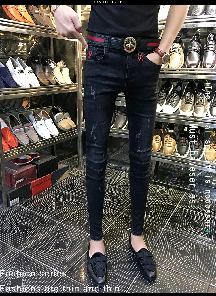 NEW spring autumn skinny strech Casual ripped hole fashion black teenagers hip hop cowboy denim leg jeans men pencil pants