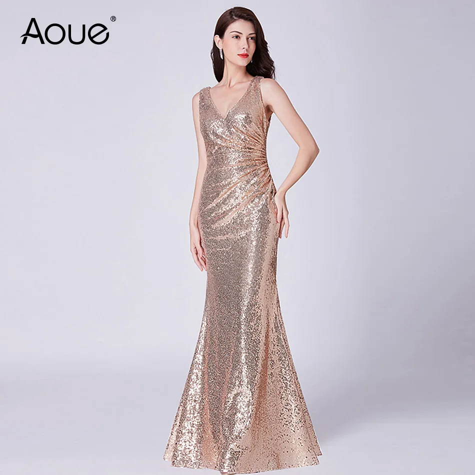 Aoue Официальные Вечерние платья с V образным вырезом длинное серебристое розовое