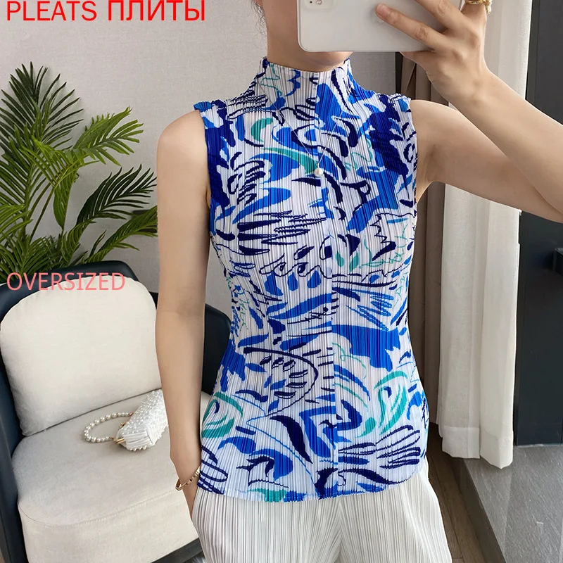 

Miyake Folds 2022 Spring and Summer New High-neck Temperament Vest Sleeveless Bottoming Shirt Printed Top Slim Slimming Pleats