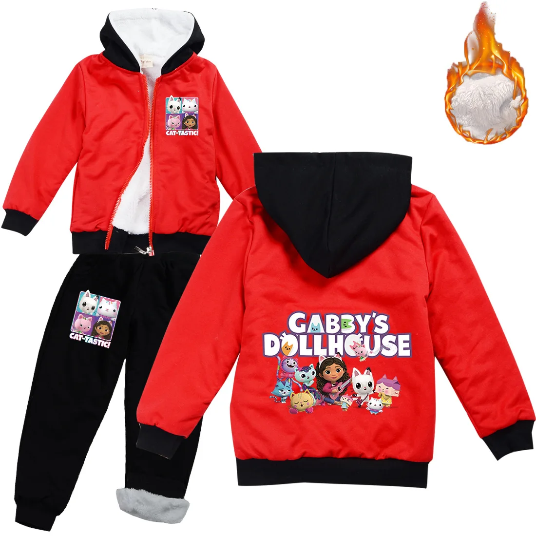 Winter Fleece Sets Kids Thick Hooded Jacket+Pants 2pcs Suit Girls Cute Cats Sweatshirt Boys Sportswear Gabby Dollhouse Tracksuit