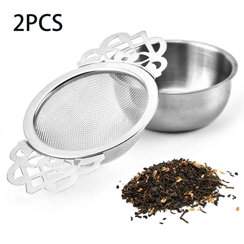 

1/2pcs Spice Stainless Steel Tea Strainer With Drip Bowl Easy Clean Loose Leaf Hanging Herbal Double Ear Infuser Filter Mesh