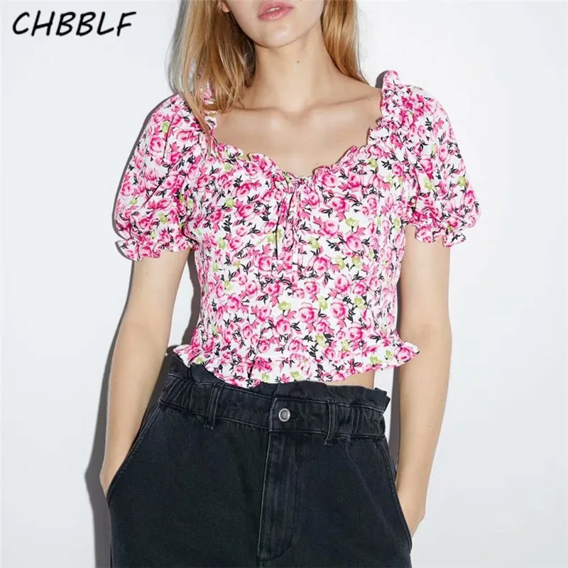 

CHBBLF women floral print crop top ruffles collar short sleeve short blouse female chic elegant shirt tops blusas JFC9060