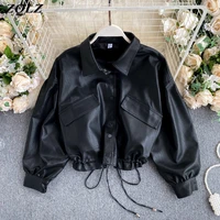 zqlz vintage leather coat women 2020 new loose black pu jacket female single breasted punk short faux leather overcoat mujer