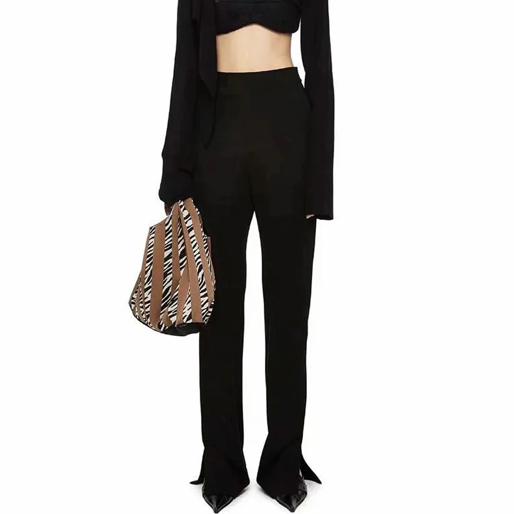 

2021 women full length high waist Flared pants OL zipper fashion Side split Work Trousers Mujer Suit Pantalon black Slacks