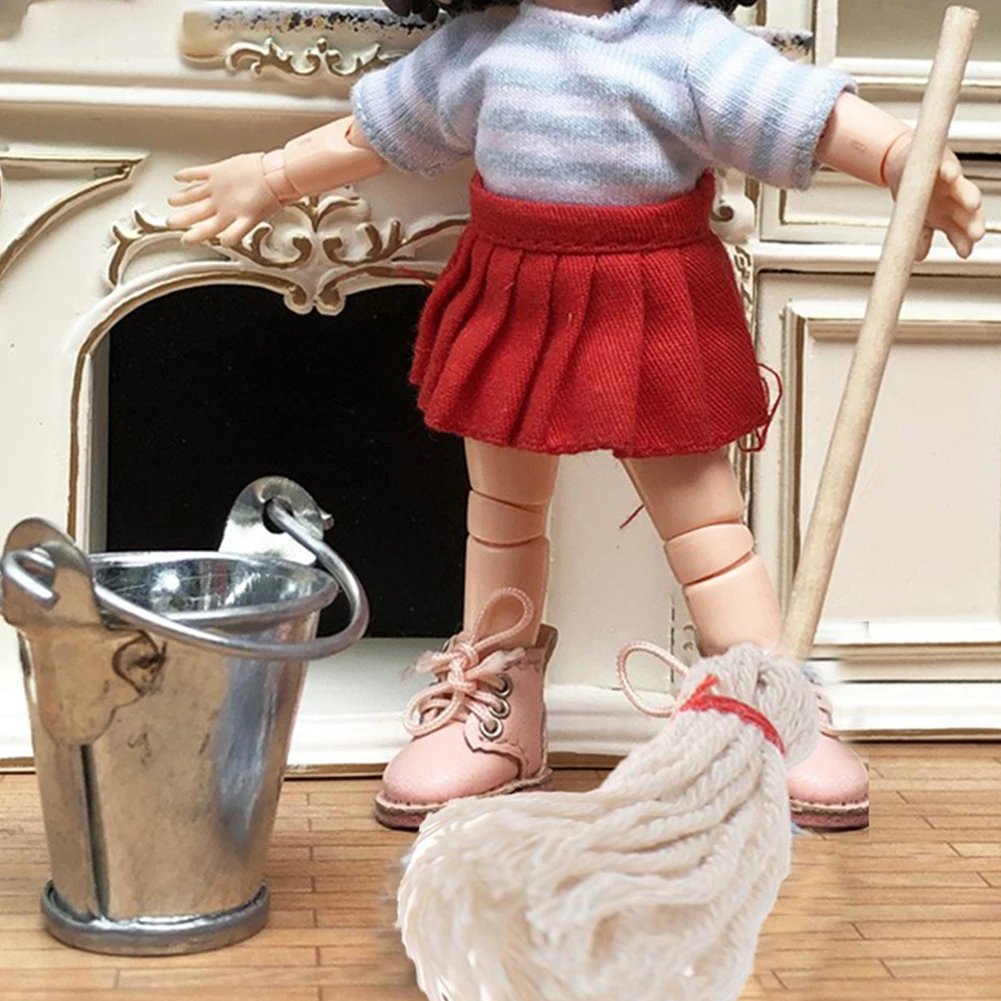 

DIY Doll House Accessories Miniature Cleaning Set 1:12 Farm Tools Dollhouse Cleaning Tools Mop Bucket Simulation Toys Models