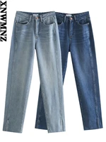 xnwmnz straight jeans with vents high waist women vintage seamless hems womens jeans fashion chic pants woman zip fly 2022