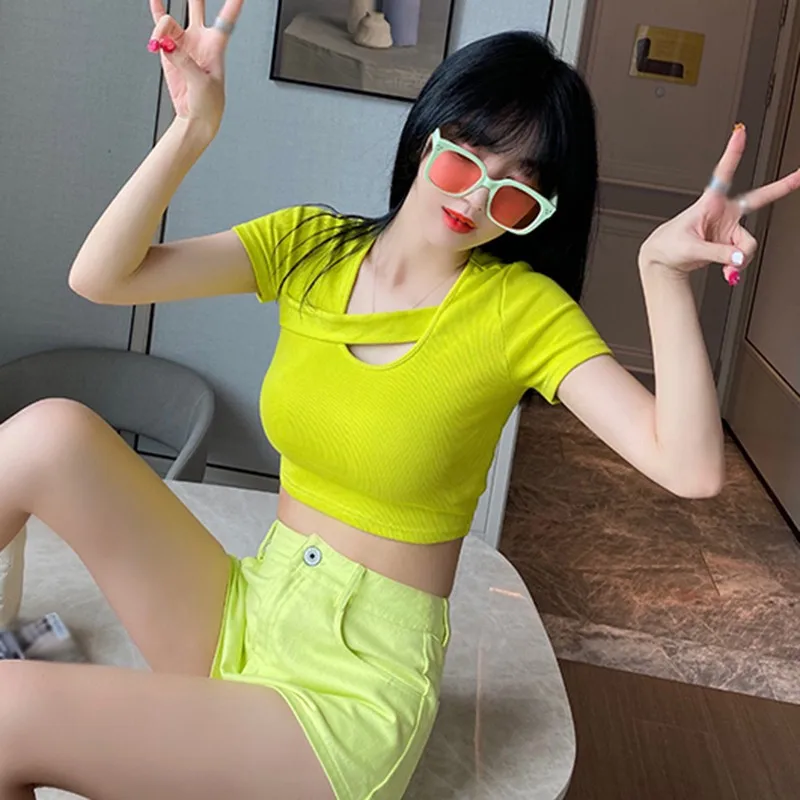 

Fashion Summer Women's Casual Version Of The Solid Color Sexy Slim Exposed Navel Short-sleeved U-neck Shirt