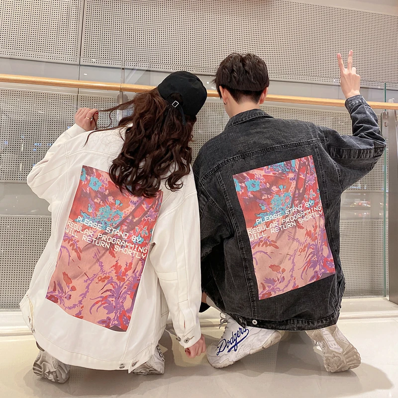 2020 Spring And Autumn New Couple Youth Popular Back Print Denim Jacket Fashion Casual Loose Distressed Top Black / White S-3XL | Мужская