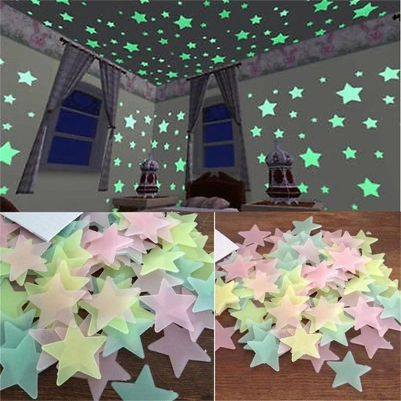 100PCS Kids Bedroom Fluorescent Glow In The Dark Stars Wall Stickers Home Decor Christmas Decoration Star Moon | Дом и сад