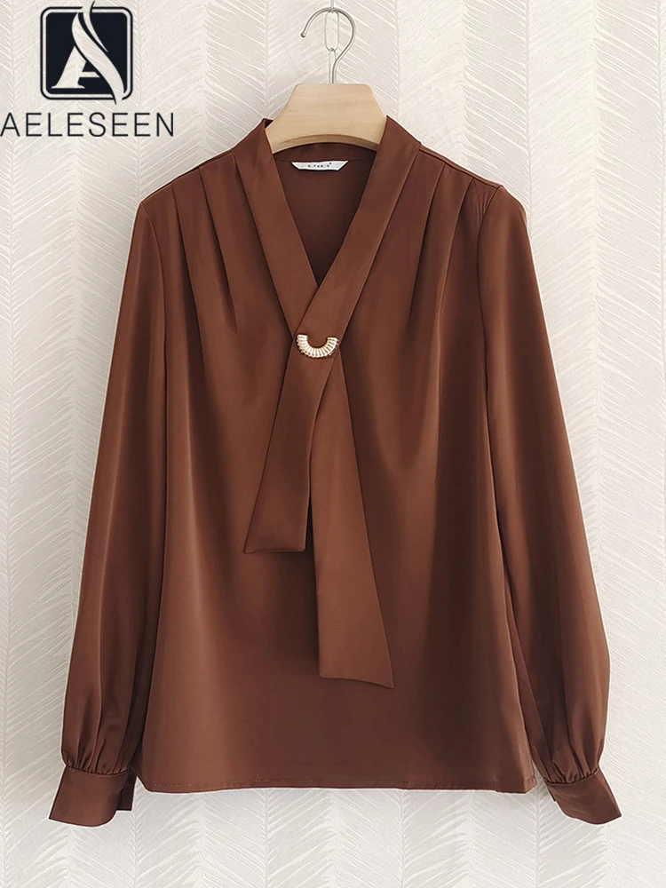

AELESEEN Office Ladies 2022 Spring Blouse Runway Fashion High Quality Tie Solid White Beige Brown Elegant Shirt