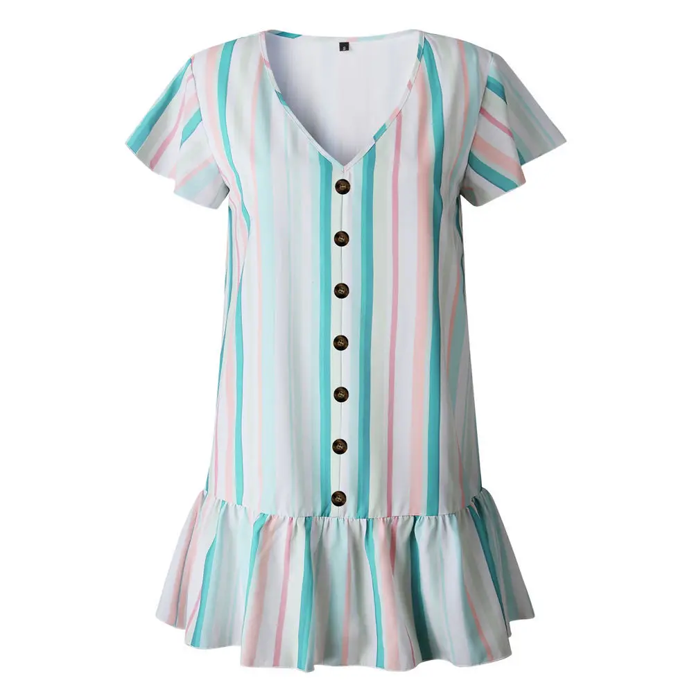 

Women Striped Button Dress Short Sleeve V Neck Sundress Party Holiday Dress BMF88