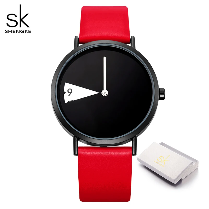 red with box SHENGKE часы, новинка, желтый кожаный ремешок, повседневный стиль, женские часы, кварцевые женские часы, креативные часы, подарок, relogio feminino - Цвет: red with box