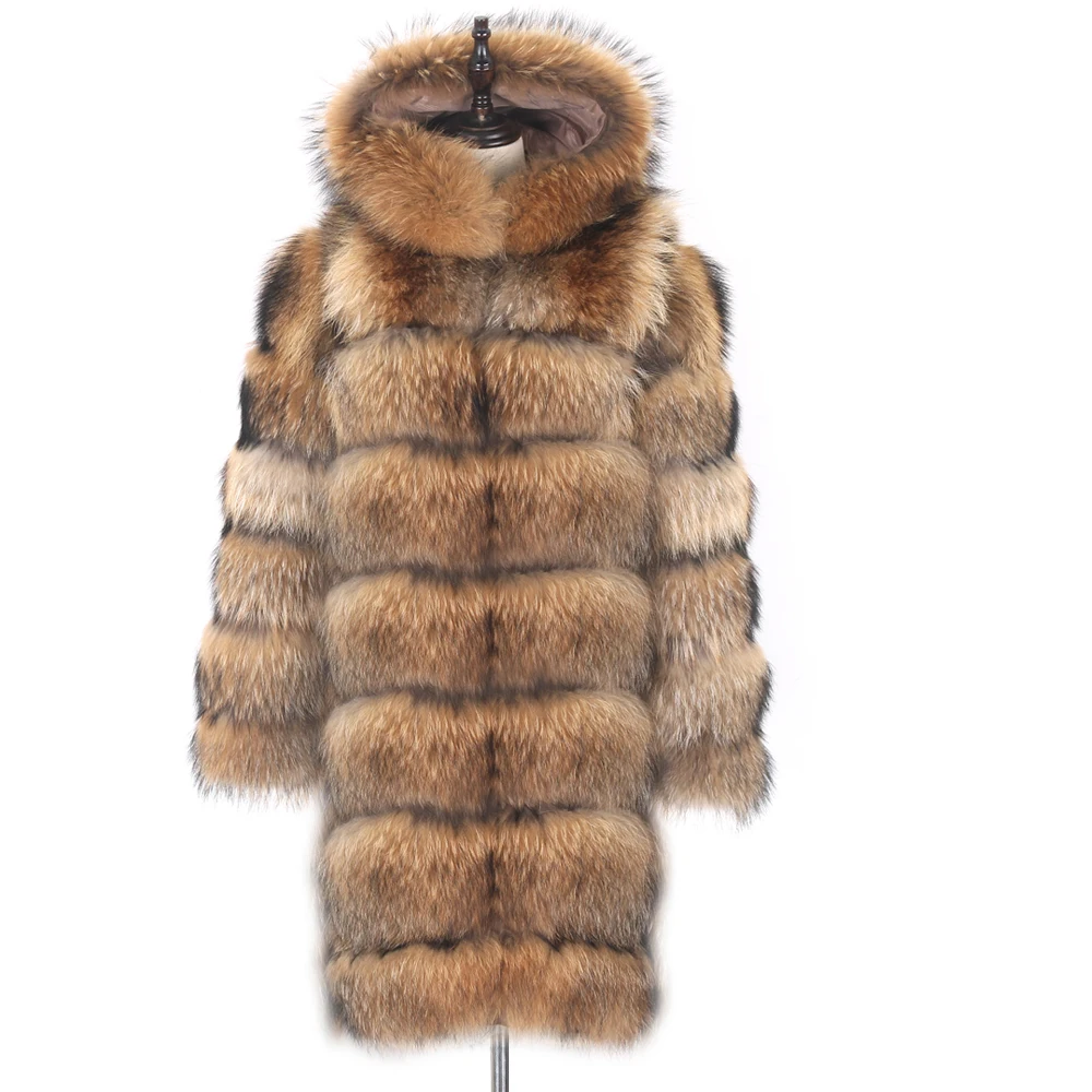 Enlarge LuxuryHigh Quality Winter Real Raccoon Fur Coat Women Real Fur Jacket Long 90cm Warm Thick Genuine Fur Vest Hat Sleeve Removable