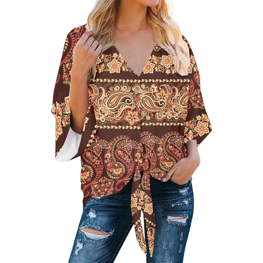 

Bandana Damask Style Floral Pattern Wholesale Custom Made Print Women Clothes Fashion Sexy Summer Beach Top Ladies Chiffon Shirt